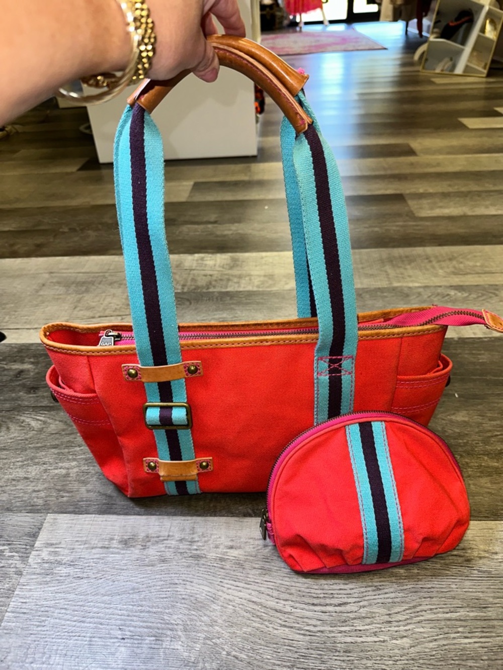 Gap Canvas Tote Bag Coral Pink Stripe Handles + Matching Pouch Set Leather Trim